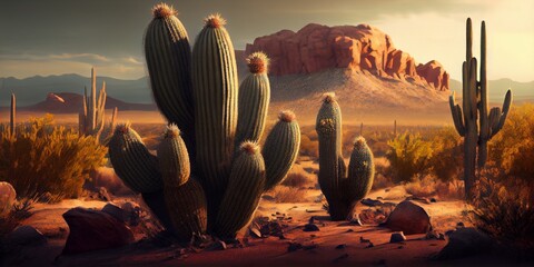 Mexico cactus in a desert landscape background . Ai generative