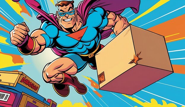 Vintage advertising poster in comic style. Male superhero courier delivering a package while flying through the air, pop art comic style, cartoon style, 3D rendering, colorful detailed shape