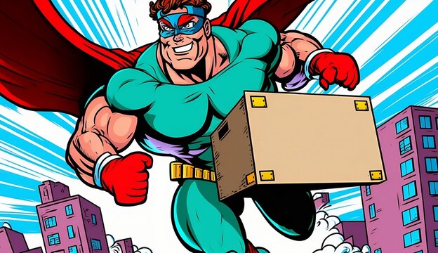 Vintage advertising poster in comic style. Male superhero courier delivering a package while flying through the air, pop art comic style, cartoon style, 3D rendering, colorful detailed shape