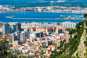 View of Gibraltar town and Spanish coast across Bay of Gibraltar from The Upper Rock. UK