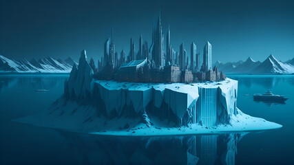 Superior city on floating ice island at arctic sea. (Generative AI)