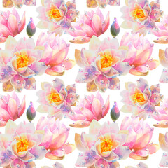 Watercolor Seamless Pattern with Romantic flowers of water lily on white background. Cute illustration for wallpaper, textile or wrapping paper