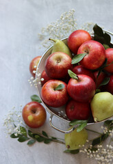 Still life with beautiful red apples on a table. Juicy summer fruit close up photo. Eating fresh concept. 