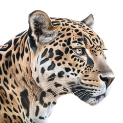 an isolated jaguar jungle cat FACE, FRONT-view portrait, jungle-themed photorealistic illustration on a transparent background cutout in PNG