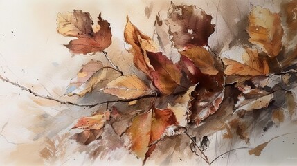 Autumn leaf twig in watercolor style, golden yellow and brown, AI generative
