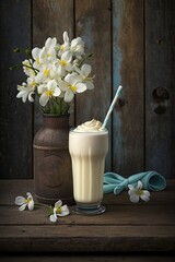 Beautiful Vanilla Milkshake on a Wooden Table with Spring Flowers (Generative AI)