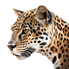 an isolated jaguar jungle cat FACE, FRONT-view portrait, jungle-themed photorealistic illustration on a transparent background cutout in PNG