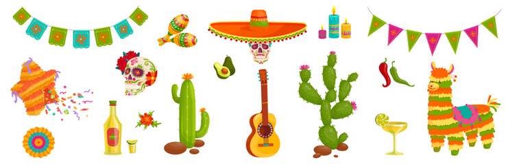 Set of festive Mexican paraphernalia for the Cinco de Mayo festival, day of the dead.Vector graphics.
