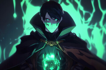 Solo leveling anime style necromancer with green aura and light