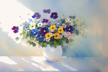Classic bouquet of flowers in a glass vase, still life, imitation watercolor painting, Generative AI.