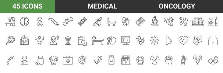 Set of 45 oncology icons. Vector Illustration. medicine and health flat design signs and symbols with elements for mobile concepts and web apps.