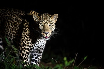 Indian leopard roaming in residential areas at night, Generative AI