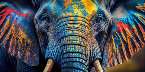 Elephant painted with colors in Feb-March Celebration of the arrival of spring in Holi Festival of Colors 