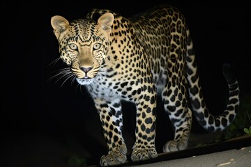 Indian leopard roaming in residential areas at night, Generative AI