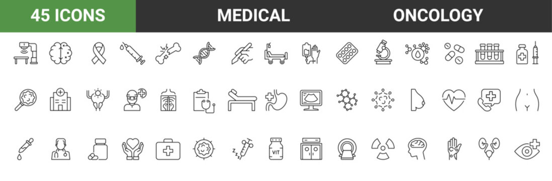Set of 45 oncology icons. Vector Illustration. medicine and health flat design signs and symbols with elements for mobile concepts and web apps.