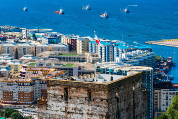 View of Gibraltar and ruins of a Moorish castle from the Upper Rock. UK