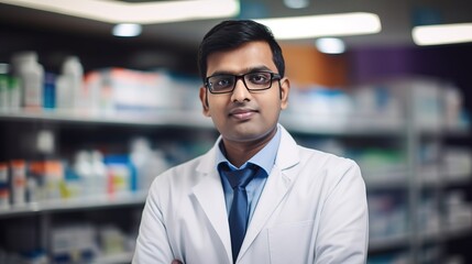 Obraz premium A fictional person. Knowledgeable pharmacist in a modern pharmacy store