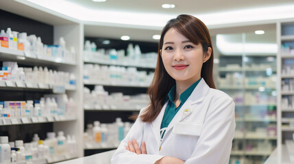 Fototapeta na wymiar A fictional person. Knowledgeable pharmacist in a modern pharmacy store