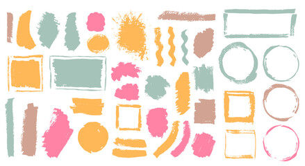 Oil dirty daub vector collection. Hand drawn border box quirky elements. Blob paintbrush textured banner stamp batch. Daub oil spots design.