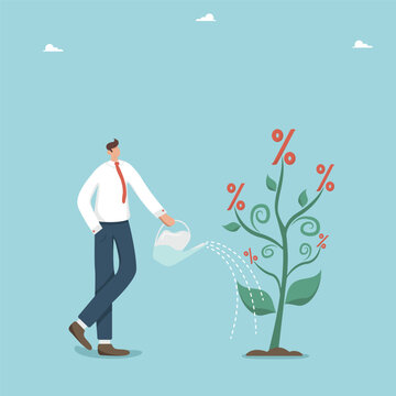 An increase in the interest rate on a deposit, an increase in profit from an investment deposit or from securities, success in a business or a start-up, a man watering a tree with increasing interest.