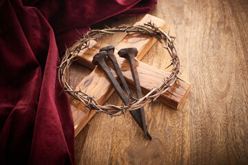 Jesus Crown Thorns and nails on Old and Grunge Background.