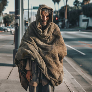 Homeless man standing on a street wrapped in a dirty blanket