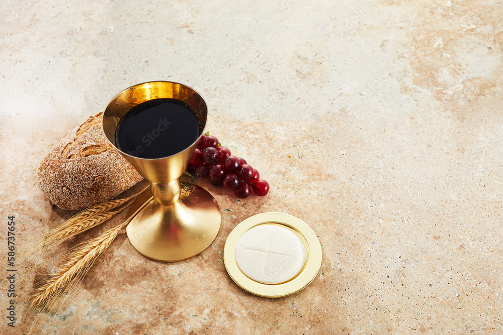 Wall mural easter communion still life with chalice of wine and bread