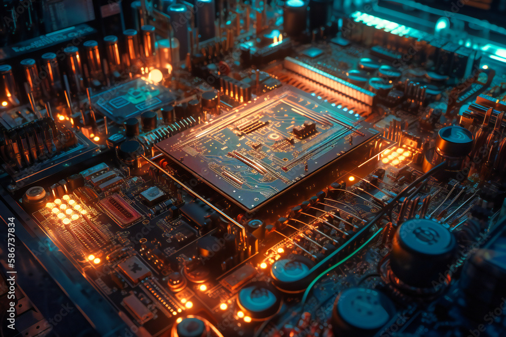 Poster a digital circuit board background highlights the ever-evolving world of technology and science