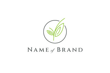 simple leaf logo inside circle with minimal line art design style