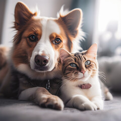 Cute adorable cat and dog together, generative ai.