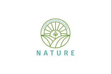 Vector logo of plants, plantations, gardens, paddy fields, nature and fields in circle emblem frame with line style