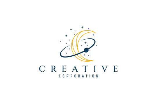 crescent moon logo with orbital ring on a starry sky background
