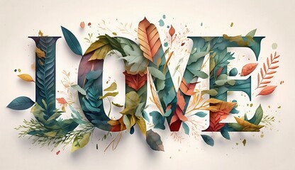 Text - Love watercolor text with leaves, 3D rendering of a colorful detailed shape