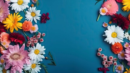 Flowers composition. Multicolors flowers on pastel blue background. Spring, easter concept. Flat lay, top view, copy space, ai generative.