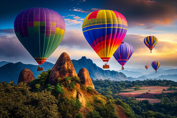 Colorful hot air balloons flying over the mountains at sunrise, generative ai