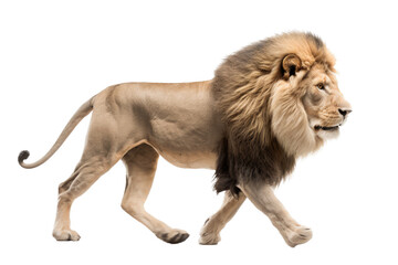 Obraz na płótnie Canvas an isolated lion walking side view, majestic, stalking prey, fierce jungle-themed photorealistic illustration on a transparent background in PNG. Panthera leo. King of the Jungle. Generative AI