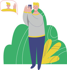 Young man talking online video call use smartphone at summer park outdoor vector flat illustration