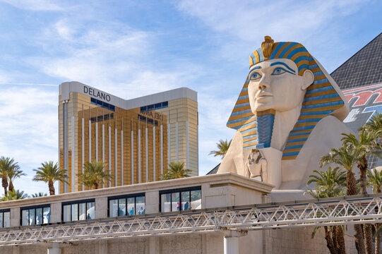 Las Vegas, United States - November 23, 2022: A picture of the sphinx statue in front of the Luxor Hotel and Casino, with the Delano Las Vegas on the left.