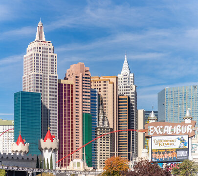 Las Vegas, United States - November 23, 2022: A picture of the New York-New York Hotel and Casino and the Excalibur Hotel and Casino billboard.