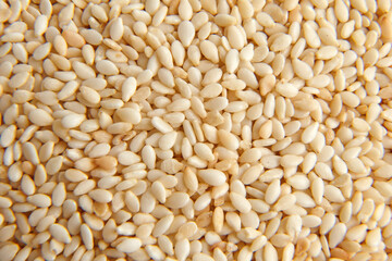 Fototapeta premium Sesame seeds for bakery close-up. Background of scattered sesame seeds