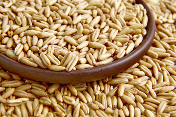 Whole grains of oats in a clay ceramic bowl close-up against the background of scattered grains of oats
