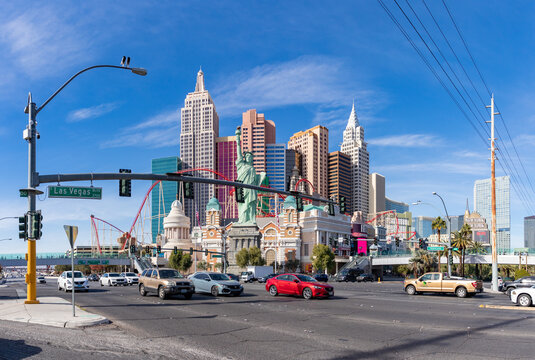 Las Vegas, United States - November 23, 2022: A picture of the New York-New York Hotel and Casino as seen from across the nearby intersection.