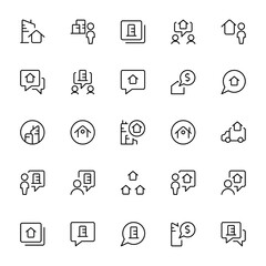 Real Estate thin line icons. Real estate symbols set. Home, House, Agent, Plan, Realtor, realty, property, mortgage, home loan icons set. Vector illustration.  can be used for web, logo, UI/UX, app.