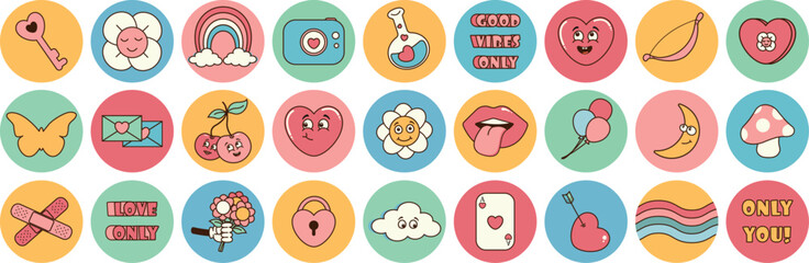  Groovy 70s love hippie set. Funny cartoon flower, heart, rainbow, gift, butterfly, mushroom. Set of stickers in trendy retro psychedelic cartoon style.