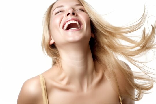 Radiant blonde caucasian woman expressing joy with euphoric smile in a white background. Generative AI