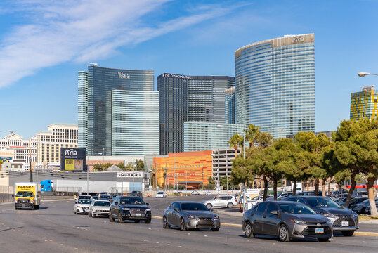 Las Vegas, United States - November 23, 2022: A picture of the Dean Martin Drive, with the Vdara Hotel and Spa, The Cosmopolitan of Las Vegas and the ARIA Resort and Casino seen at the far back.