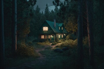 A lonely house in a dark forest created with Generative AI technology.