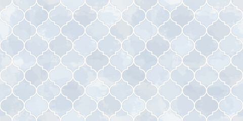 Fototapeta premium Moroccan Seamless Pattern. Arabic Mosaic Watercolor Ornament. Eid Mubarak Muslim Background. Ramadan Kareem Islamic Illustration. Turkish Mosque Window Shape.
