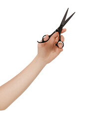 Young female hand holding cutting scissors on transparent background. Concept for barbershops, beauty salons and hairdressers.