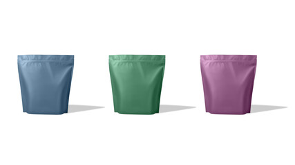 Multicolored food and snack pouch bags packaging mockup design, front view. 